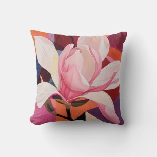 Coussin Magnolia vibrant en fleurs dans une lumière géomét