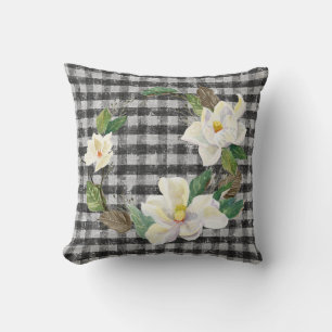 Coussin Magnolia Wreath Russe Farmhouse Black White Check
