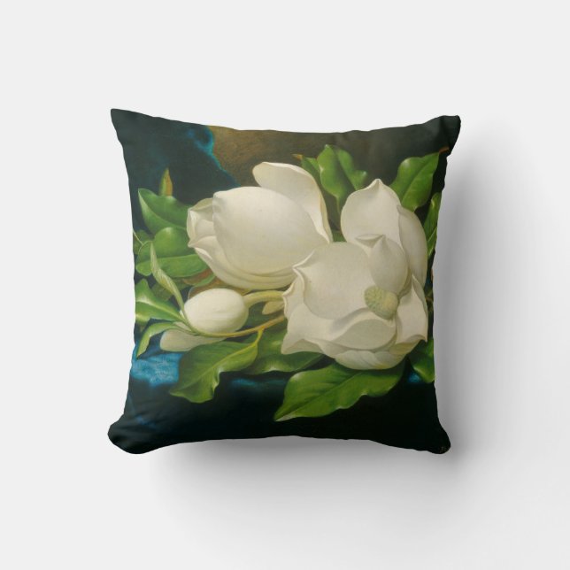 Coussin Magnolias géantes sur un tissu bleu de velours, (Recto)
