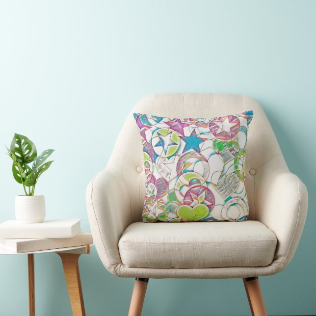 Coussin Main Tirée Par EDDArt - Étoiles Et Coeurs 1 (Chaise)