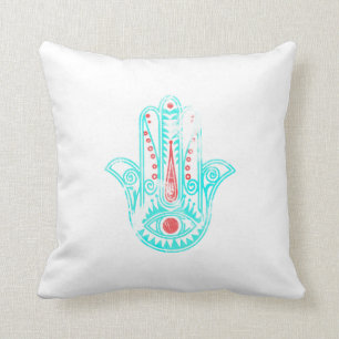 Coussin Main turquoise rouge Girly de Hamsa d'aquarelle de