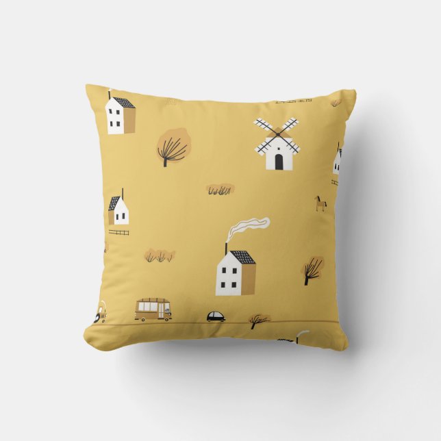 Coussin Maison colorée, arbres, chevaux paysage (Recto)