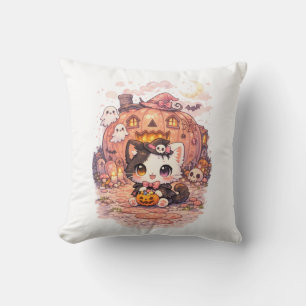 Coussin Maison de citrouille Kawaii sorcière Kitty