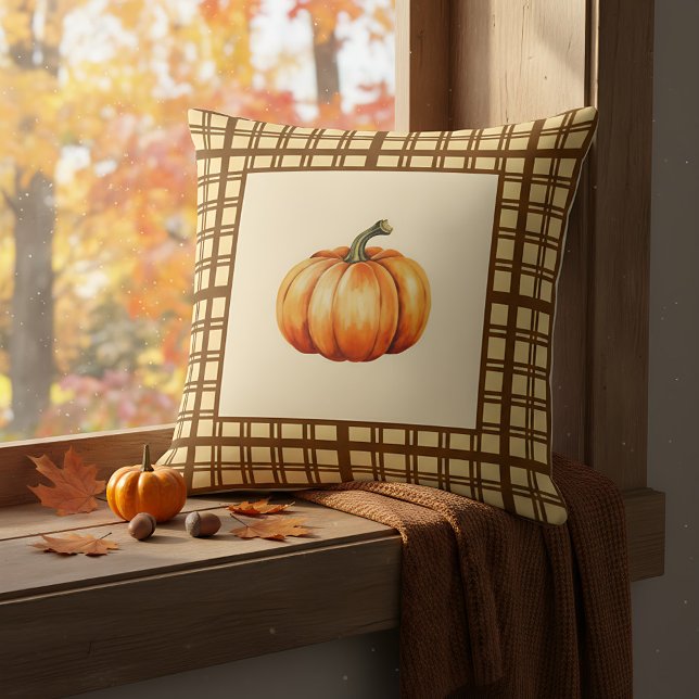 Coussin Maison de ferme rustique Citrouille Marron Cottage (Cozy pumpkin pillow for autumn vibes.)