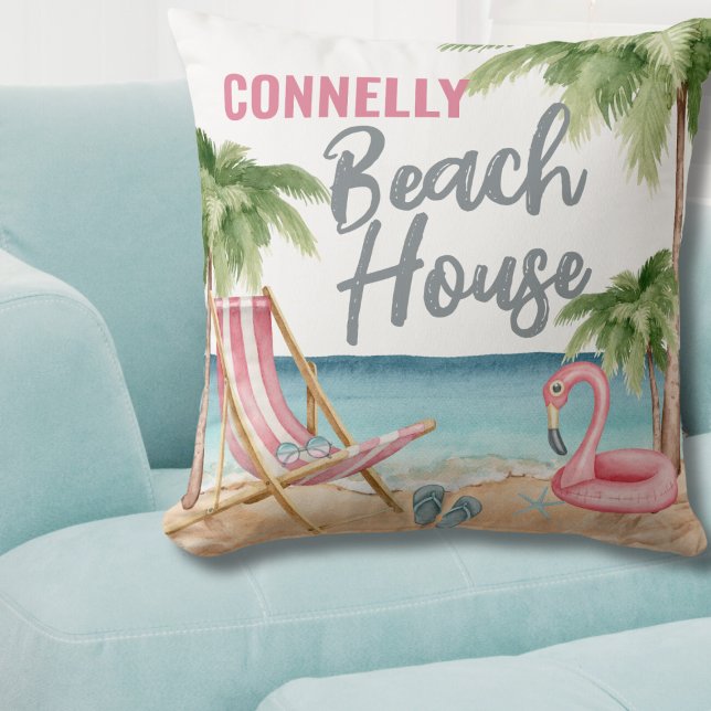 Coussin Maison de plage à l'aquarelle d'été côtier (Personalized Watercolor Beach House Throw Pillow )