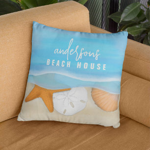 Coussin Maison de plage à l'aquarelle sur mesure océan