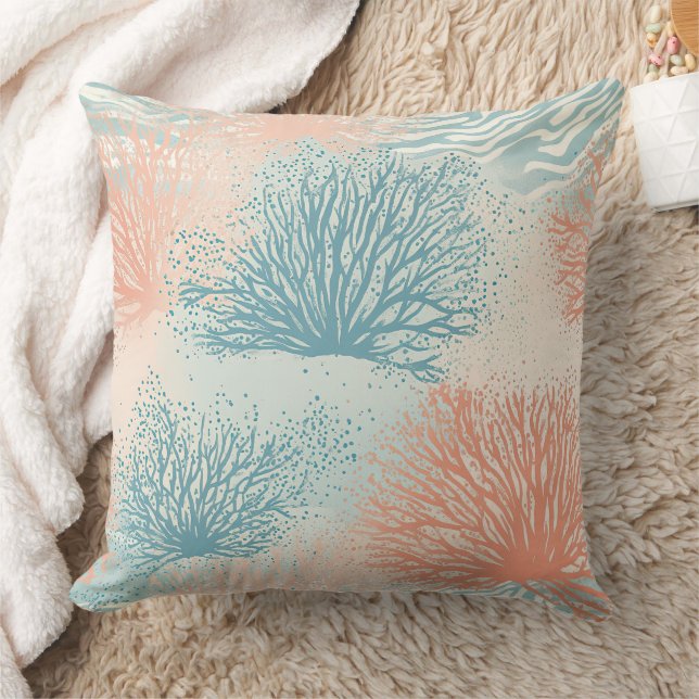 Coussin Maison de plage bleu corail beige côtier (Couverture)
