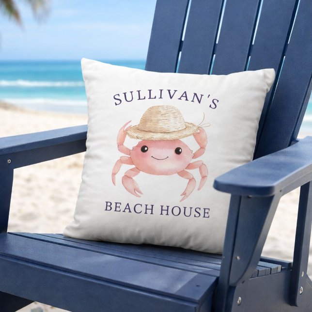 Coussin Maison de plage côtière Crabe rose aquarelle Été (Créateur téléchargé)