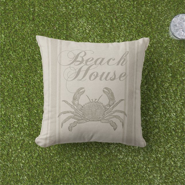 Coussin Maison de plage crabe rivage côtier vintage (Herbe)