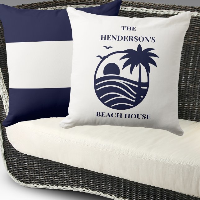 Coussin Maison de plage familiale Palmier côtier bleu Nom  (Créateur téléchargé)