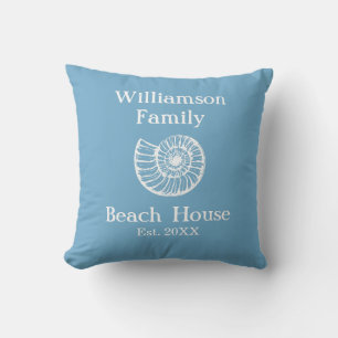 Coussin Maison de plage familiale personnalisée bleu coqui