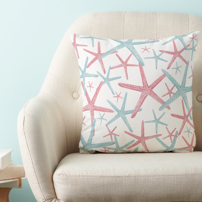 Coussin Maison de plage Motif nautique (Teal Pink Nautical Starfish Pattern Beach House Throw Pillow)