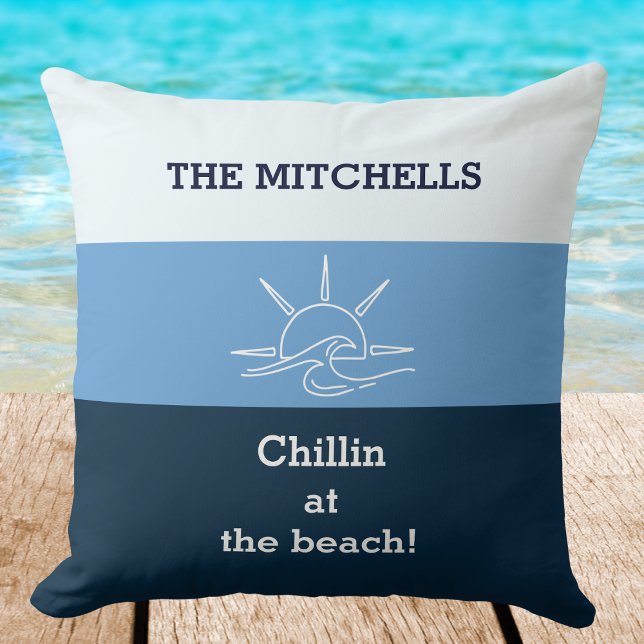 Coussin Maison de plage nom de famille rayures bleues (Créateur téléchargé)