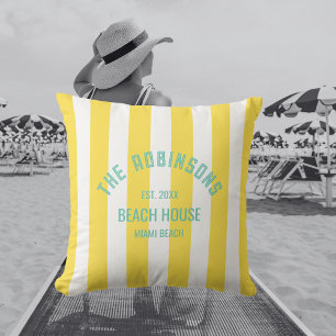 Coussin Maison de plage Nom personnalisé Cabana jaune Band