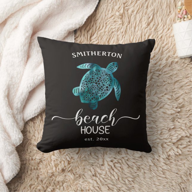Coussin Maison de plage Tortue Turquoise Noire Nom de Fami (Couverture)