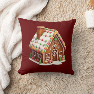 Coussin Maison en pain d'épice Bourgogne Rouge Noël Fêtes