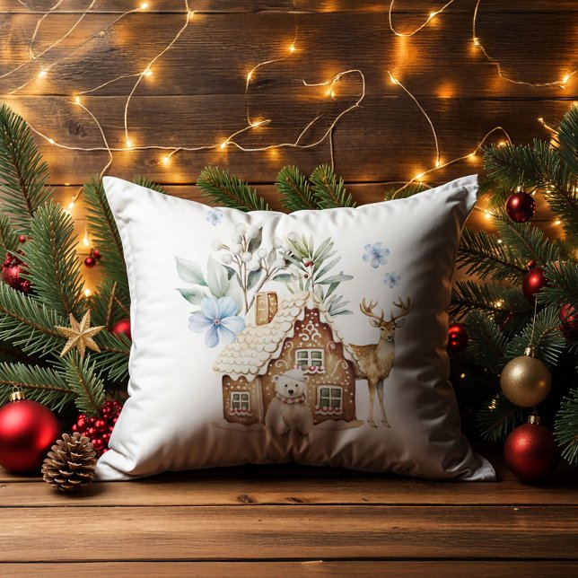 Coussin Maison en pain d'épice d'aquarelle, ours polaire e (Créateur téléchargé)