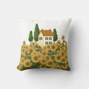 Coussin Maison, grands arbres et un champ de tournesols da