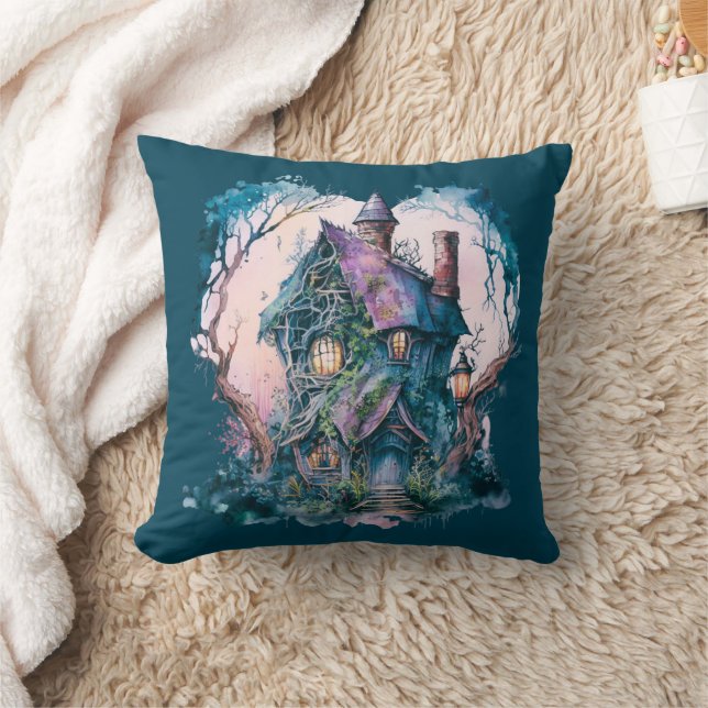 Coussin Maison hantée bleue et violette Halloween bleu (Couverture)