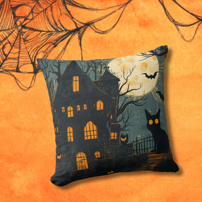 Coussin Maison Hantée Chat Effrayant Pleine Lune Halloween (Créateur téléchargé)