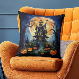 Coussin Maison hantée d'Halloween avec Citrouilles