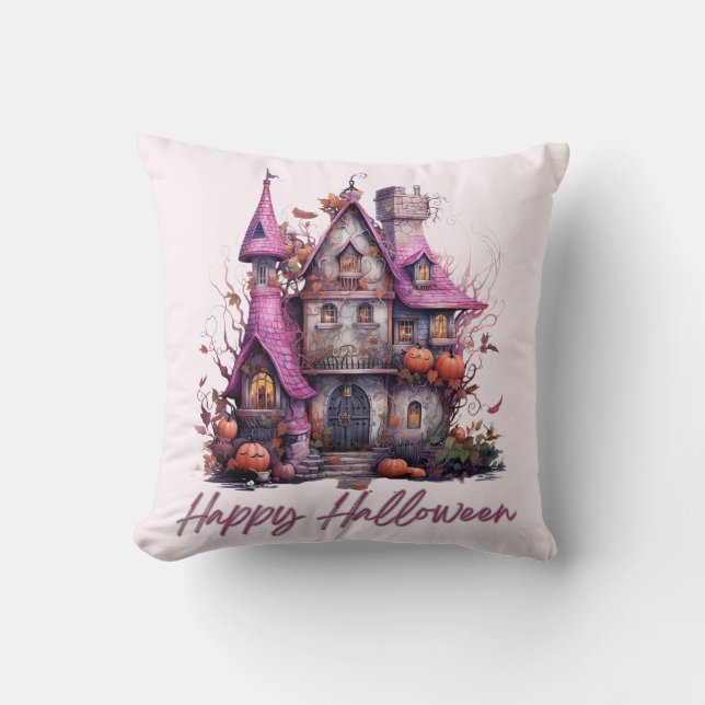 Coussin Maison Hantée Effrayante Halloween Joyeux (Recto)