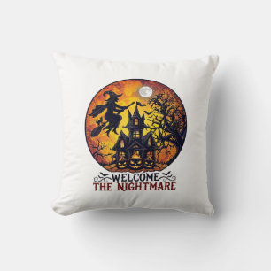 Coussin Maison Hantée Halloween Bienvenue Cauchemar Volant
