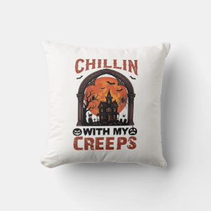 Coussin Maison hantée Halloween Chillin Creeps Lune Orange