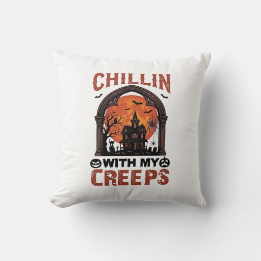 Coussin Maison hantée Halloween Chillin Creeps Lune Orange (Recto)