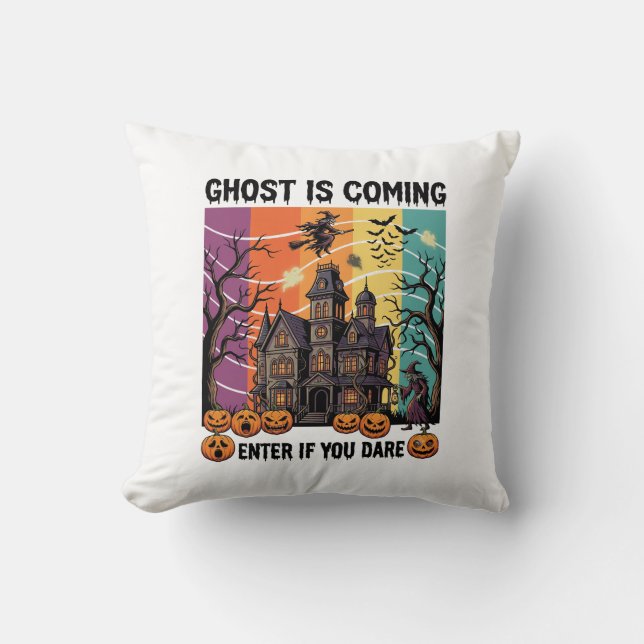 Coussin Maison Hantée Halloween Fantôme Arrive Pompe à Sor (Recto)