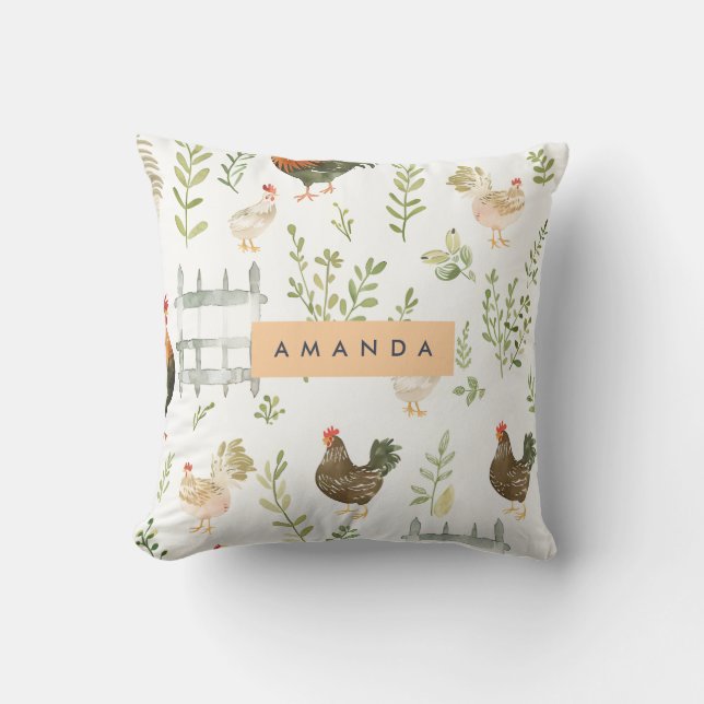 Coussin Maison rustique personnalisée Poulets et verdure (Recto)