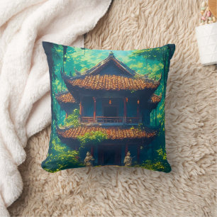 Coussin Maison thaïlandaise ensoleillée dans une jungle lu