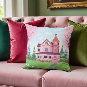 Coussin Maison victorienne rose et Carré en fleurs de ceri