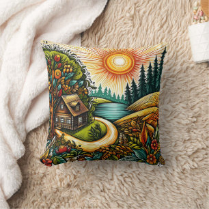Coussin Maisonnette cosy par une journée ensoleillée d'aut
