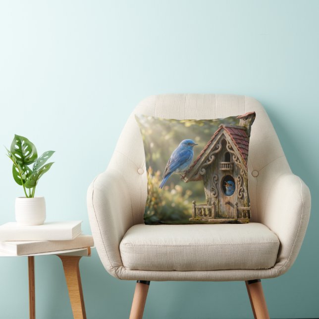 Coussin Maisonnette victorienne avec merles bleus (Chaise)