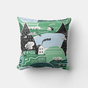 Coussin Maisons scandinaves, arbres, montagnes illustratio