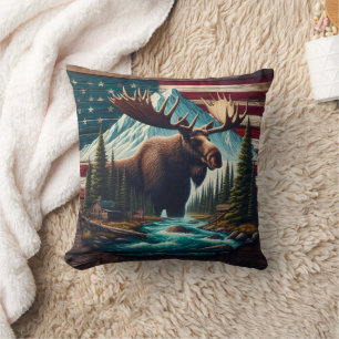 Coussin Majestic Moose Among Mountains et drapeaux américa