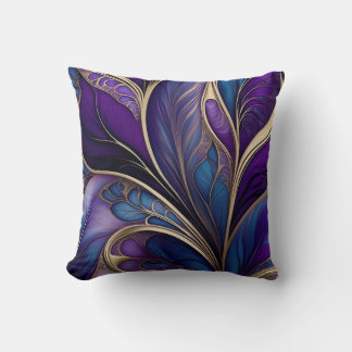 Coussin Majestueuse Floraison - Art Abstrait Violet et Ble