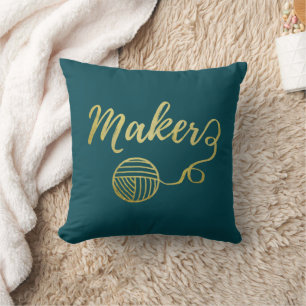 Coussin Maker Yarn Crafts Typographie Faux Gold Turquoise