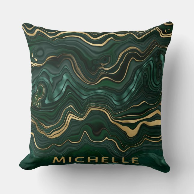 Coussin Malachite vert foncé et veines de strates de feuil (Recto)