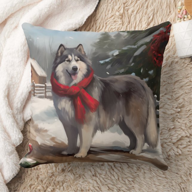Coussin Malamute d'Alaska dans la neige de Noël (Couverture)