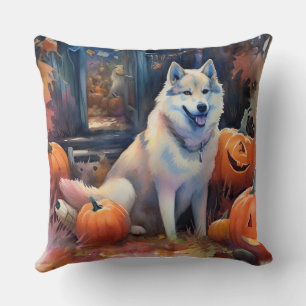 Coussin Malamute d'Alaska Halloween avec citrouilles épouv