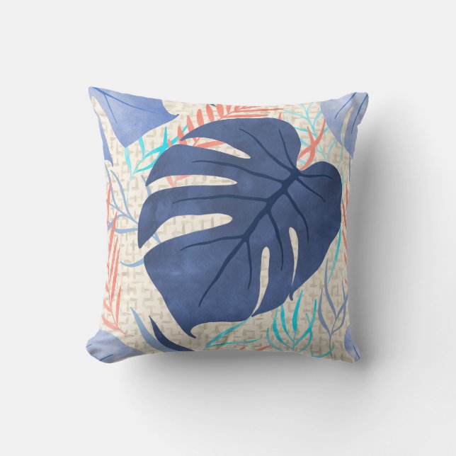 Coussin Maleah Monstera Tropical Hawaiian Watercolor- Blue (Recto)