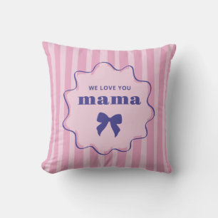 Coussin Mama   Rayures roses avec cadre ondulé et nœud chi