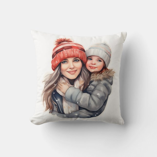 Coussin Maman avec sa fille mode hiver (Recto)
