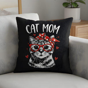 Coussin Maman Chat Adorable avec Lunettes & Bandana Noir