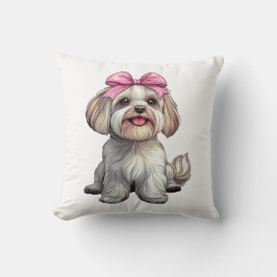 Coussin Maman de chien havanais à nœud coquette fille rose