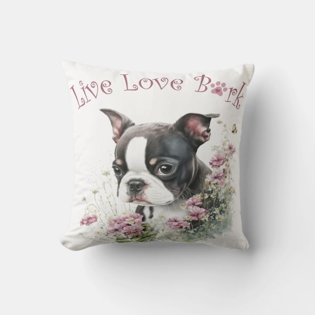 Coussin Maman de Terrier de Boston Floral (Recto)