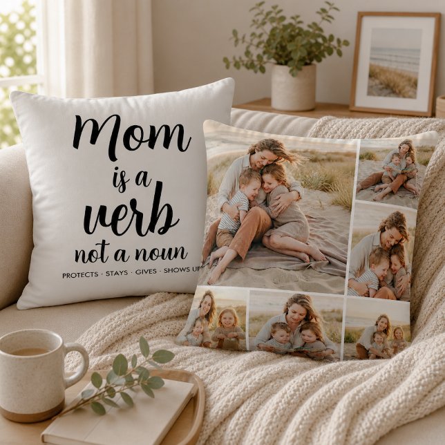 Coussin Maman est un verbe Script noir Six Collage photo (Créateur téléchargé)
