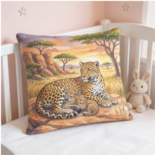 Coussin Maman léopard et ses petits, animaux de safari